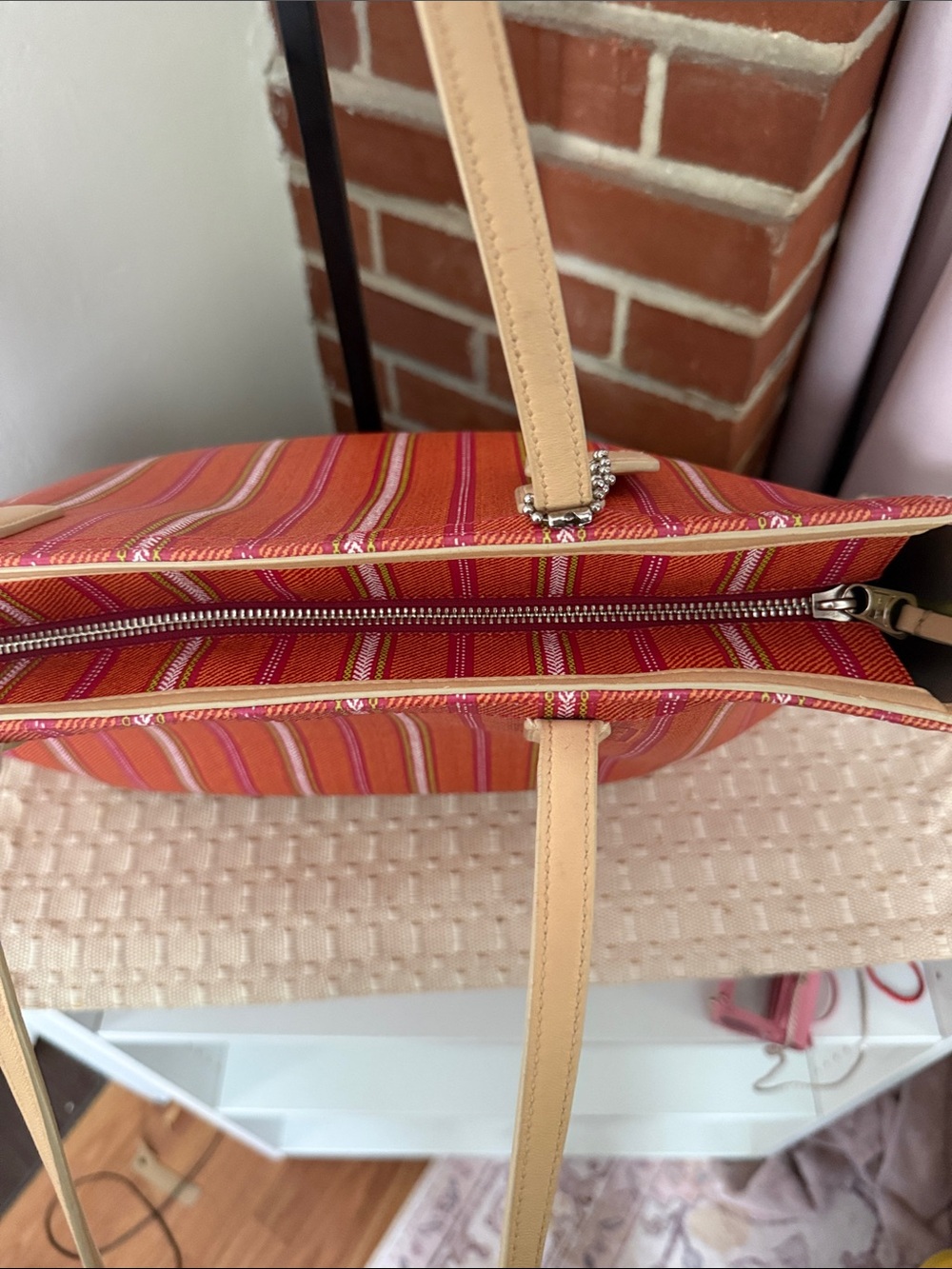 Coach Pink and Orange Striped Canvas Tote with Tan Leather Handles - Picture 3 of 8